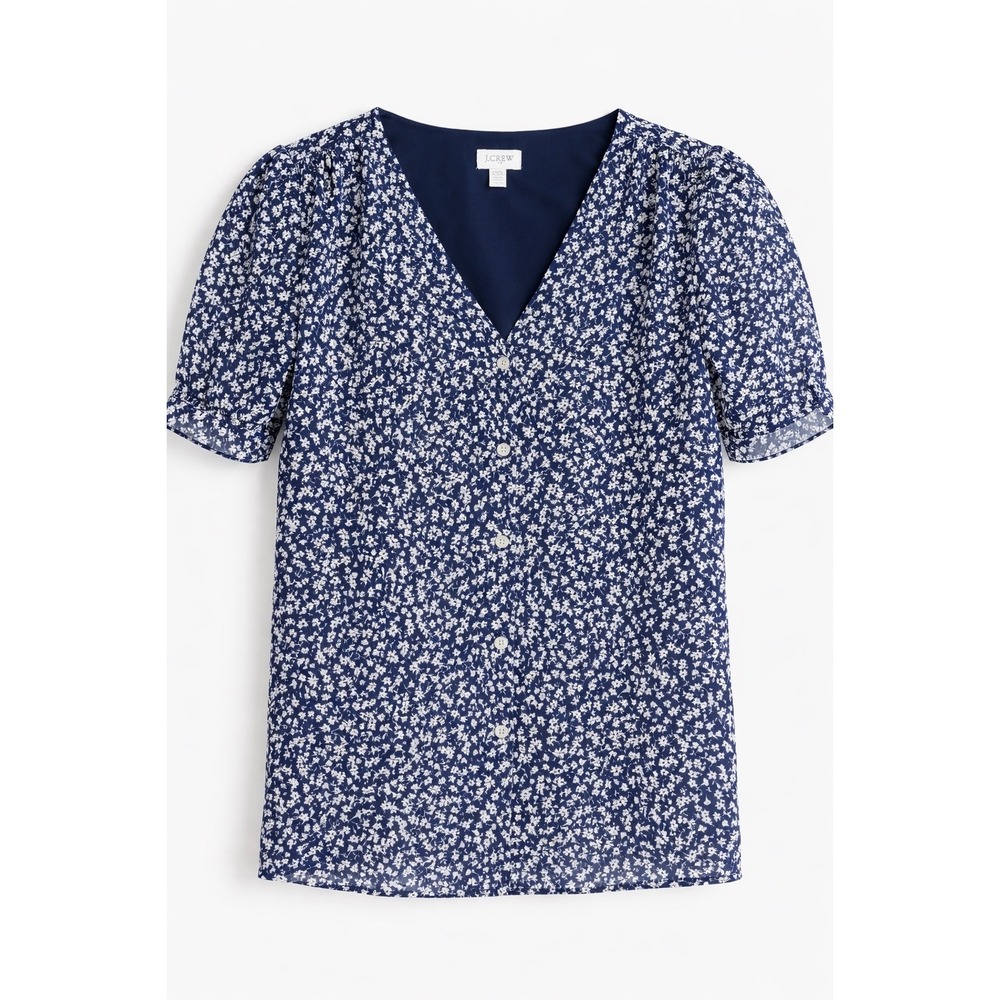 J.Crew Puff Sleeve Top Womens XXS Navy Blue Floral V-Neck Cottagecore Blouse